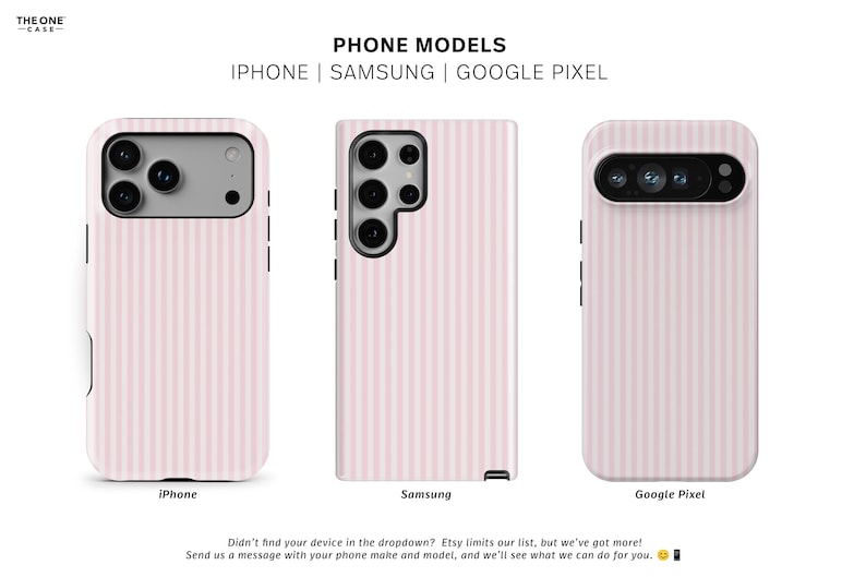 Pu&ograve; includere: Immagine di tre custodie per telefoni con un motivo a righe verticali rosa e bianche. Le custodie sono per telefoni iPhone, Samsung e Google Pixel. Il testo "PHONE MODELS" e i tipi di telefono sono visualizzati.