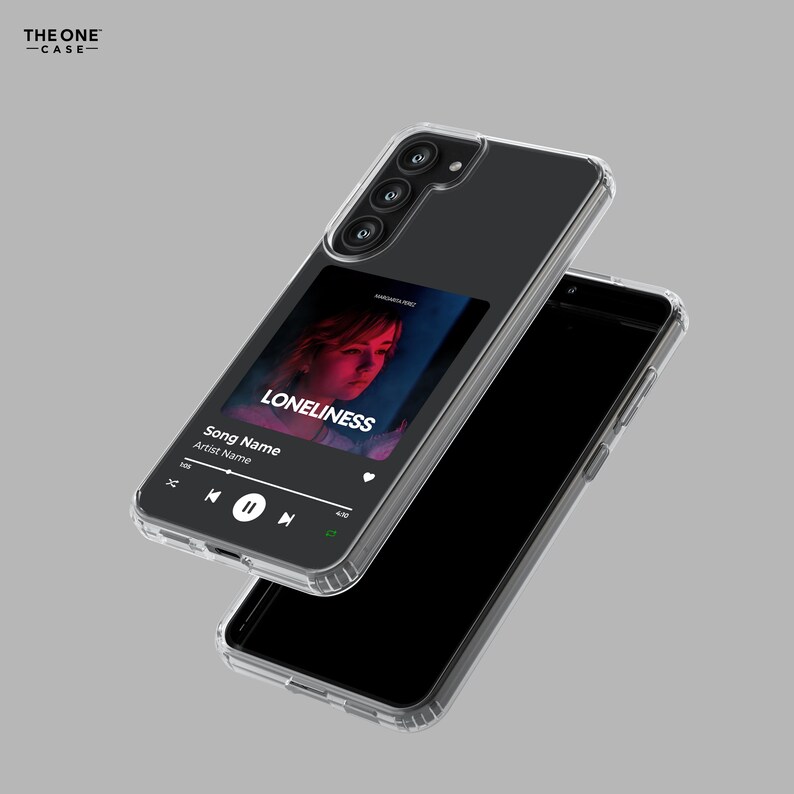 May include: A clear phone case with a black background and a music player screen displaying the song "LONELINESS" by "Artist Name". The screen shows a woman's face and the song title.