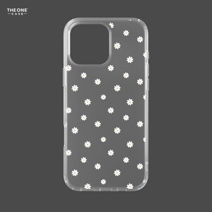May include: A clear phone case with a white daisy pattern. The case is designed for a smartphone with a camera bump.