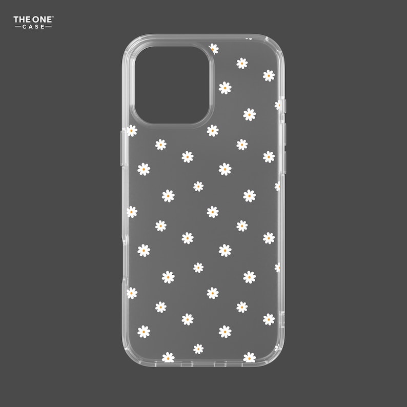 May include: A clear phone case with a white daisy pattern. The case is designed for a smartphone with a camera bump.