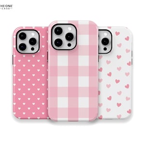Coque de portable coeurs roses pour iPhone 16 15 14 13 Pro Max, Samsung Galaxy S24 S23, Google Pixel - Nom personnalisé | Jolie coque à carreaux rose | PCM-LH06