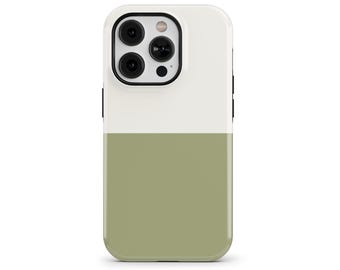 May include: A two-tone phone case, white at the top and sage green at the bottom. The case features a black camera module. The text "THE ONE CASE" is in the upper left corner.