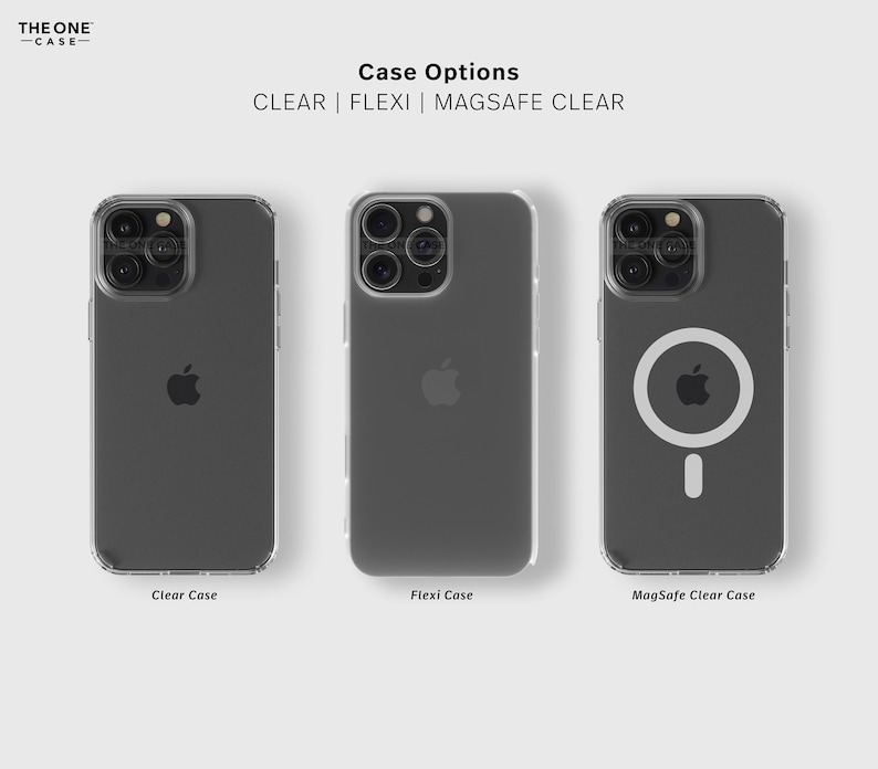 May include: Three clear phone cases for an iPhone. The cases are labeled "Clear Case", "Flexi Case", and "MagSafe Clear Case".