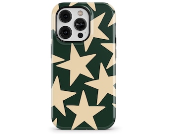 Dark Green & Beige Vintage Large Stars Phone Case for iPhone 16 15 14 Pro Max, Samsung Galaxy S25, Google Pixel – Retro Y2K Case | PCM-GP05