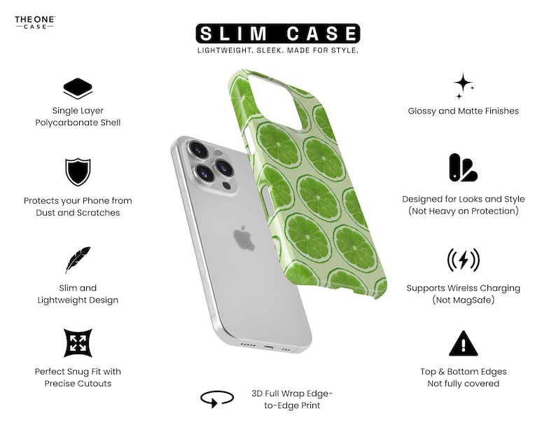 Op de afbeelding: Een telefoonhoesje met een limoenschijfjesontwerp wordt getoond naast een zilveren telefoon. De hoes is groen en wit, met een glanzende afwerking. De tekst "SLIM CASE" staat bovenaan.