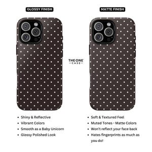 May include: Two phone cases with a polka dot pattern are displayed. One has a glossy finish, the other a matte finish. The glossy case is shiny and reflective, with vibrant colors. The matte case has muted tones and a soft, textured feel. The text "THE ONE - CASE-" is visible.