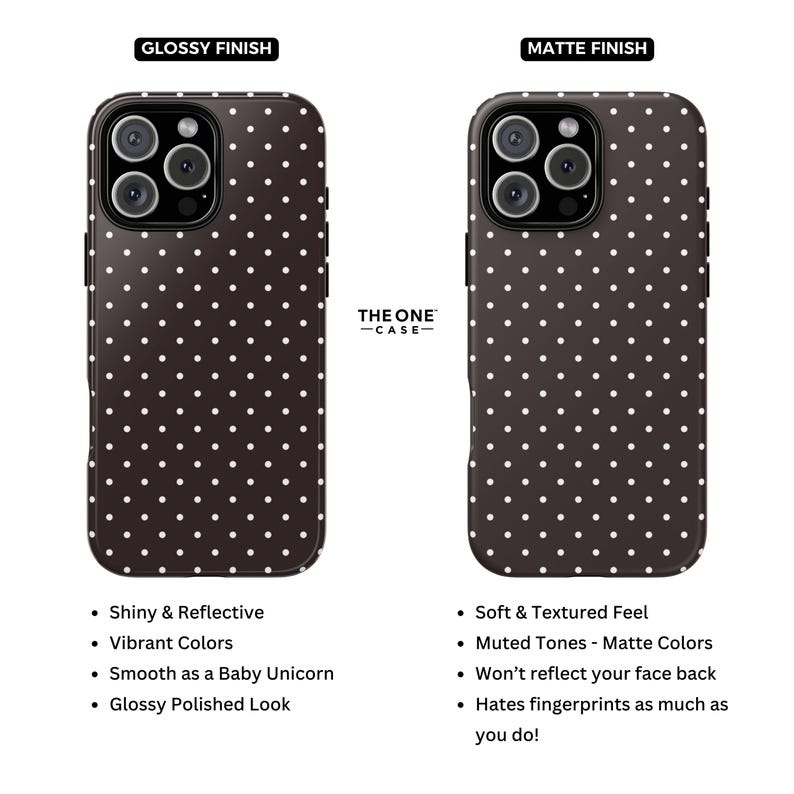 May include: Two phone cases with a polka dot pattern are displayed. One has a glossy finish, the other a matte finish. The glossy case is shiny and reflective, with vibrant colors. The matte case has muted tones and a soft, textured feel. The text "THE ONE - CASE-" is visible.