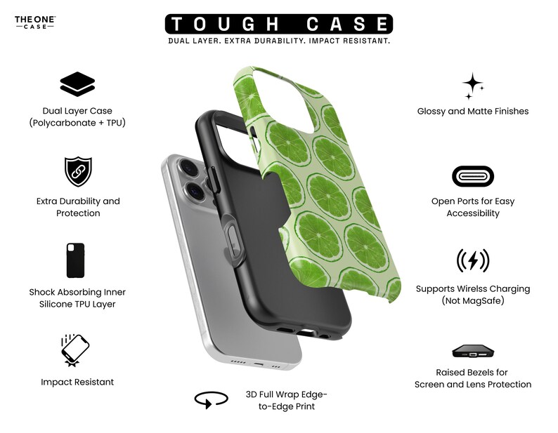 Op de afbeelding: Een telefoonhoesje met een limoenschijfjespatroon, met de tekst "TOUGH CASE". De afbeelding toont de lagen van de hoes, waarbij de dubbellaagse constructie, de schokbestendigheid en de ondersteuning voor draadloos opladen worden benadrukt. Het heeft een glanzende afwerking.