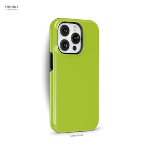 May include: Lime green phone case with a glossy finish. The case has a black camera cutout and a black side button. The text "THE ONE -CASE-" is in the upper left corner. The text "Lime Green" is at the bottom.