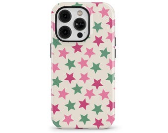 Pink Green Christmas Star Pattern Phone Case for iPhone 17 16 15 14 Pro, Galaxy S25 S24, Pixel 9 8 – Festive Holiday Stars Design | SOC-XM15
