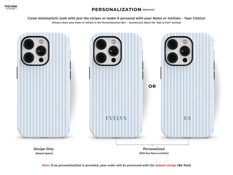 Pode incluir: Capas de telem&oacute;vel com um design de riscas azuis claras e brancas. Uma capa est&aacute; em branco, a segunda tem o nome "EVELYN" e a terceira as iniciais "ES". O texto "PERSONALIZA&Ccedil;&Atilde;O" e outros textos s&atilde;o vis&iacute;veis.