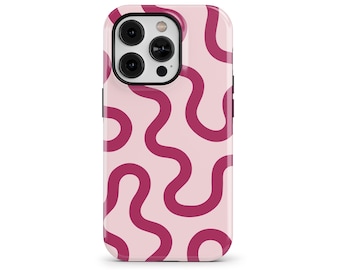Y2Kスワールラインスマホケース：ピンクレッド抽象柄カバー；iPhone