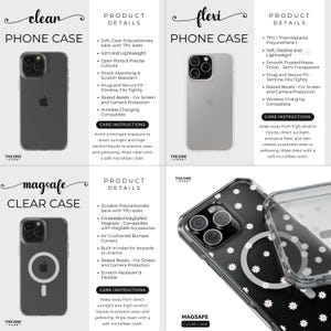 May include: Three clear phone cases with different designs. The first case is clear with a black border. The second case is clear with a white border and a pattern of white flowers. The third case is clear with a black border and a white ring in the center. All cases have the text "The One Case" on the bottom.