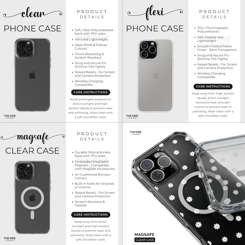 May include: Three clear phone cases with different designs. The first case is clear with a black border. The second case is clear with a white border and a pattern of white flowers. The third case is clear with a black border and a white ring in the center. All cases have the text "The One Case" on the bottom.