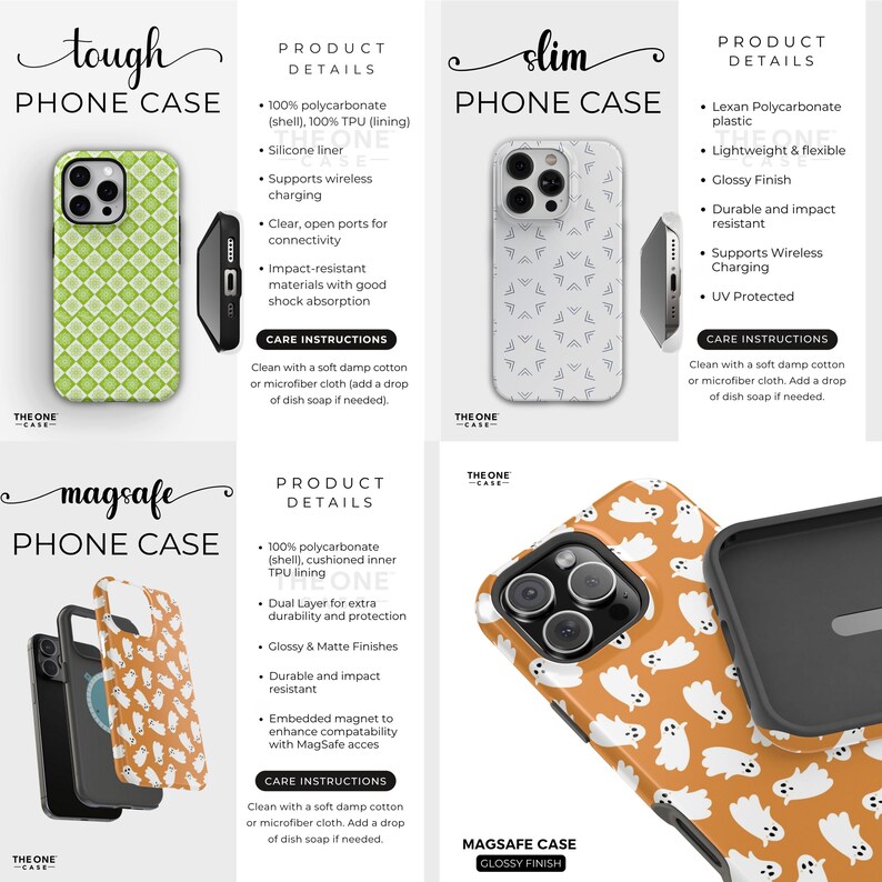 May include: Phone cases with various designs. One case has a green and white checkered pattern, another has a white geometric design, and a third has a repeating pattern of orange ghosts. The cases are labeled as "tough", "slim", and "magsafe".