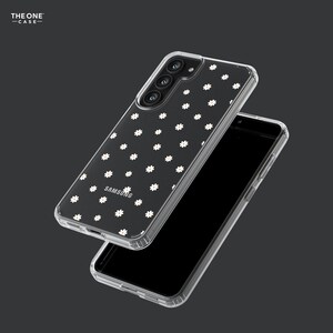 May include: A clear phone case with a white daisy pattern. The case is designed for a Samsung phone and has a raised camera bump.