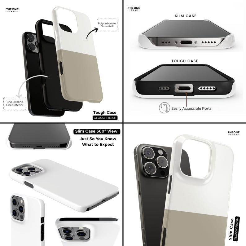 May include: A collection of phone cases, including a slim case and a tough case, with a glossy finish. The cases are white and tan, and black. The image shows the interior and exterior of the cases, highlighting features like easily accessible ports.