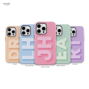 May include: Five different colored phone cases with a single letter printed on each. The cases are coral, dusty blue, blush pink, mint green, and purple. The letters are DR, LH, JH, EA, and KI.