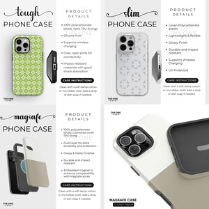 May include: Phone cases in various designs. The "tough" case features a green geometric pattern. The "slim" case has a white pattern. The "magsafe" case has a two-tone design. All cases support wireless charging.