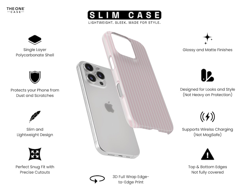 Pu&ograve; includere: Custodia per telefono rosa chiaro con un design a righe verticali, accanto a uno smartphone argentato. La custodia &egrave; etichettata "SLIM CASE" ed &egrave; progettata per proteggere il telefono da polvere e graffi. Supporta la ricarica wireless.