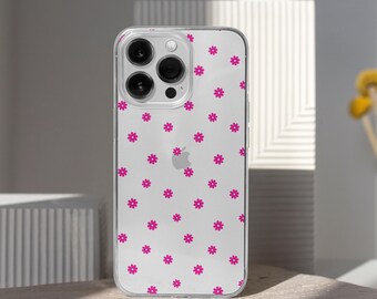 Hot Pink Daisy Clear Phone Case for iPhone 16 15 14 13 Pro Max 12 Mini SE, Samsung Galaxy S24 S23–Floral Transparent MagSafe Case | CFC-WF11