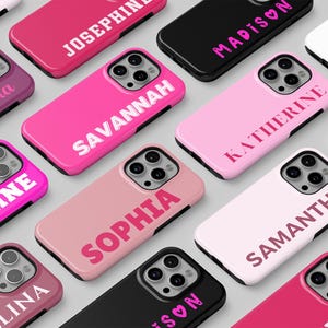 Roze telefoonhoesje met aangepaste naam voor iPhone 16 15 14 13 12 Pro Max, Samsung Galaxy S24 S23, Google Pixel – gepersonaliseerd hoesje met monogram| SCG-SCT01