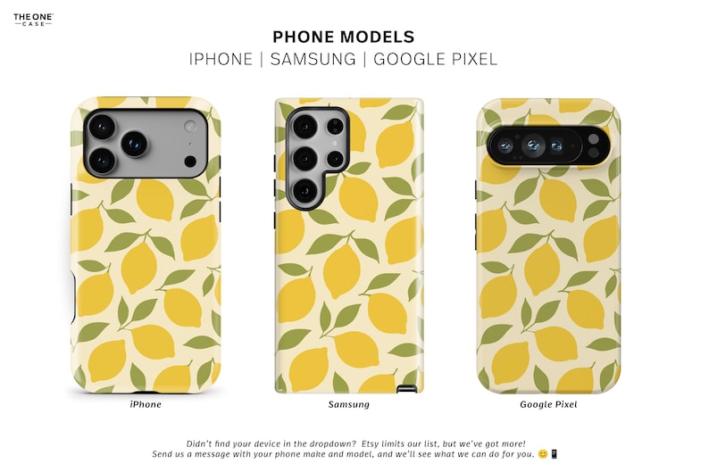 Op de afbeelding: Telefoonhoesjes met een citroenpatroon. De hoesjes zijn voor iPhone-, Samsung- en Google Pixel-modellen. De hoesjes hebben een cr&egrave;mekleurige achtergrond met gele citroenen en groene bladeren. De tekst "PHONE MODELS" en de merknaam "THE ONE CASE" zijn zichtbaar.