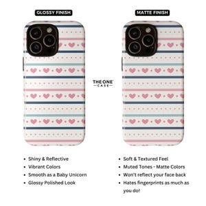May include: Two phone cases with a pink and blue striped pattern and white hearts. The case on the left has a glossy finish and the case on the right has a matte finish. The text "THE ONE -CASE- " is printed on the case.