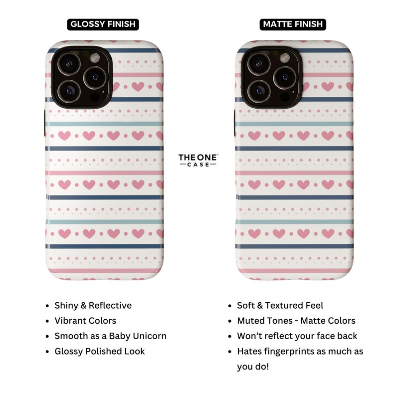 May include: Two phone cases with a pink and blue striped pattern and white hearts. The case on the left has a glossy finish and the case on the right has a matte finish. The text "THE ONE -CASE- " is printed on the case.