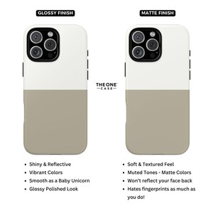 May include: Two-tone phone cases with a glossy and matte finish. The glossy case is white and tan, with a shiny, reflective surface. The matte case has a soft, textured feel. Both cases have the text "THE ONE -CASE-".