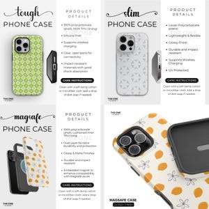 Op de afbeelding: Telefoonhoesjes met diverse ontwerpen worden getoond. De "tough" hoes heeft een groen rasterpatroon, de "slim" hoes heeft een wit geometrisch ontwerp en de "magsafe" hoes toont een citroen- en bloemenpatroon. Elke hoes wordt vanuit meerdere hoeken getoond.