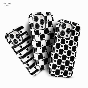 Black and White Hearts Phone Case for iPhone 16 15 14 13 Pro Max, Samsung Galaxy S24, Google Pixel – Heart Patterns Checkers Case | PCM-LH17