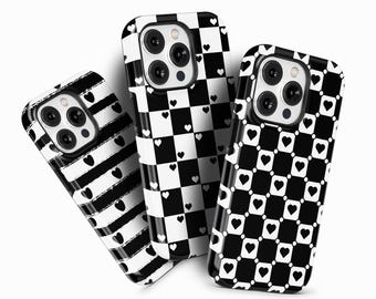 Black and White Hearts Phone Case for iPhone 16 15 14 13 Pro Max, Samsung Galaxy S24, Google Pixel – Heart Patterns Checkers Case | PCM-LH17