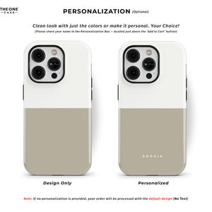 May include: Two-tone phone cases, one with a design only and the other personalized with the name "SOPHIA". The cases are white on top and a tan color on the bottom. The text on the image says "Design Only" and "Personalized".
