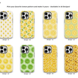Op de afbeelding: Een verzameling telefoonhoesjes met verschillende citroen-thema ontwerpen. De hoesjes hebben patronen van hele citroenen, citroen schijfjes en citroen-thema graphics in geel en groen. De tekst op de afbeelding luidt: "Kies je favoriete citroenpatroon en maak het van jou - Verkrijgbaar in 16 ontwerpen!"