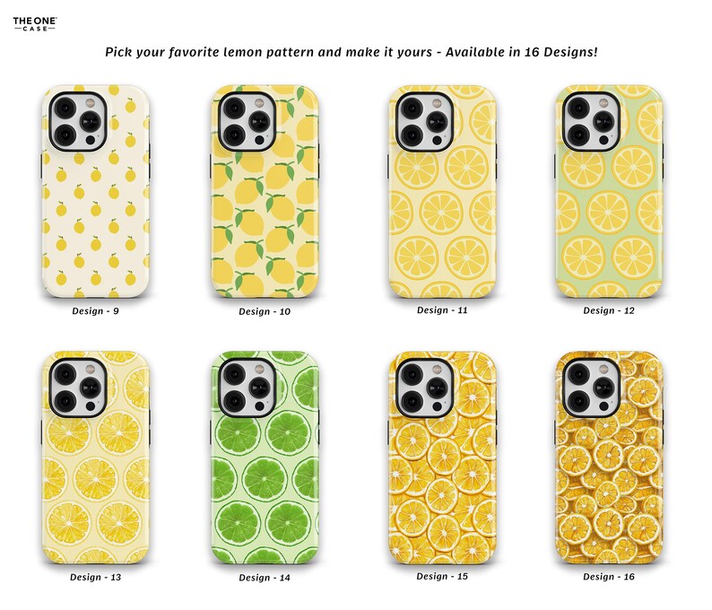 Op de afbeelding: Een verzameling telefoonhoesjes met verschillende citroen-thema ontwerpen. De hoesjes hebben patronen van hele citroenen, citroen schijfjes en citroen-thema graphics in geel en groen. De tekst op de afbeelding luidt: "Kies je favoriete citroenpatroon en maak het van jou - Verkrijgbaar in 16 ontwerpen!"