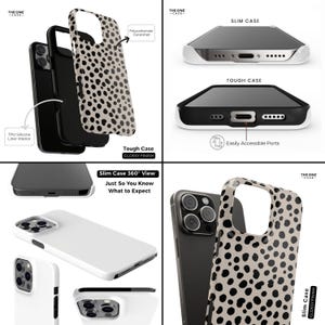 May include: A collection of phone cases, including a tough case with a glossy finish and a slim case. The tough case is black with easily accessible ports. The slim case is white. One case has a tan and black spotted pattern.