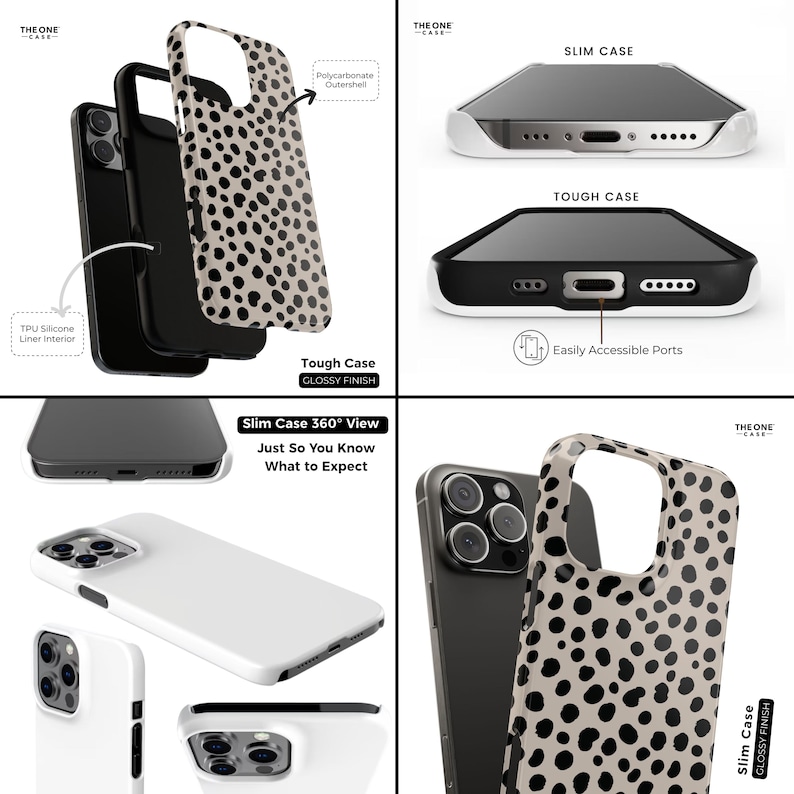 May include: A collection of phone cases, including a tough case with a glossy finish and a slim case. The tough case is black with easily accessible ports. The slim case is white. One case has a tan and black spotted pattern.
