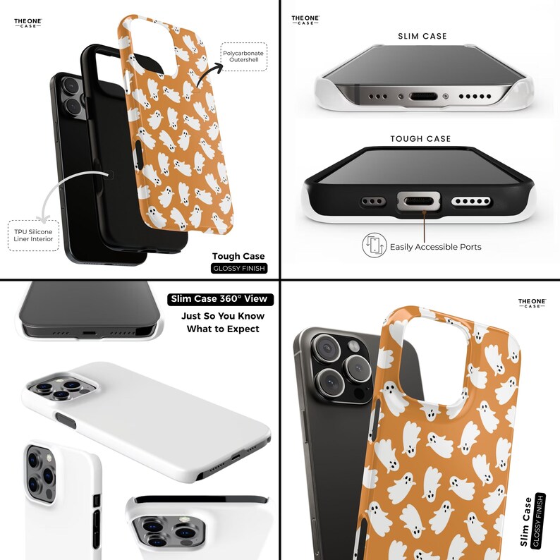 May include: A collection of phone cases with a Halloween theme. The cases feature a design of white ghosts on an orange background. The cases are shown in various styles, including slim and tough cases, with easily accessible ports and a glossy finish.