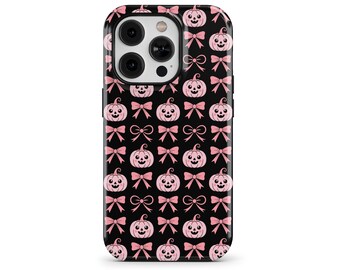 Pink Pumpkin Coquette Halloween Phone Case for iPhone 17 16e 15 14 Pro Max, Samsung Galaxy S25 S23, Google Pixel 10 – Bow Pattern | SOC-HW08