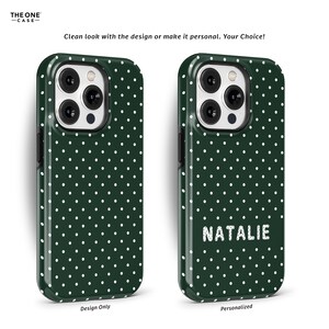 May include: A green phone case with white polka dots. The case has a personalized name, "NATALIE", on the back.