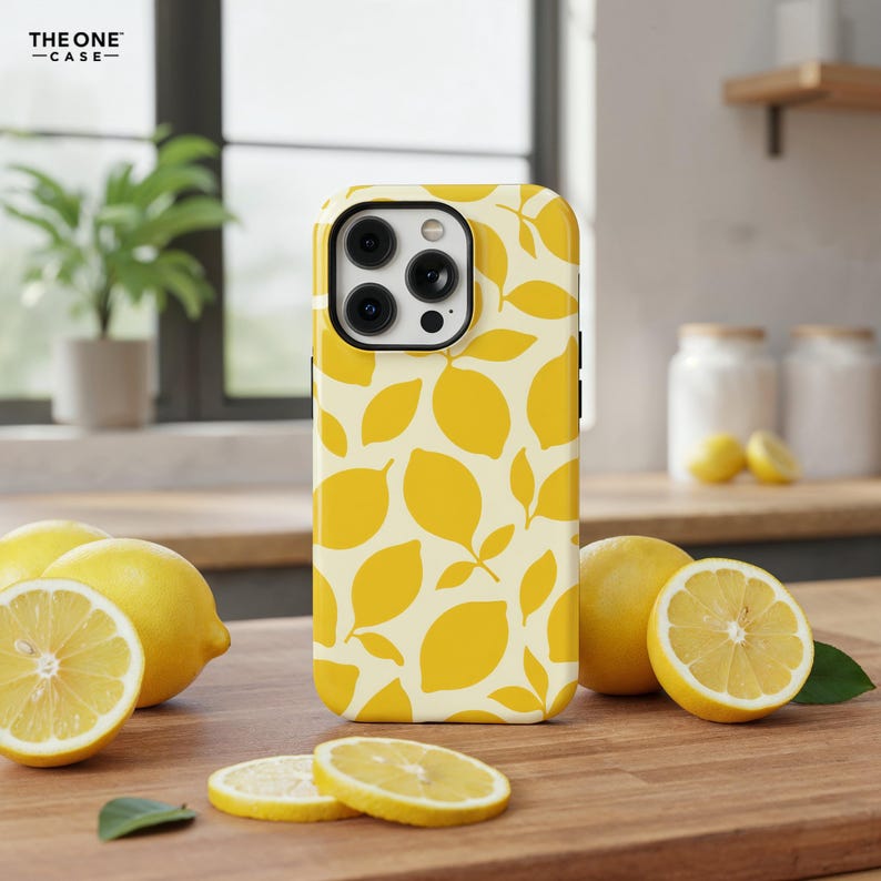 Op de afbeelding: Een gele telefoonhoes met een citroenpatroon, met een herhalend ontwerp van gele citroenen en bladeren op een cr&egrave;mekleurige achtergrond. De telefoonhoes ligt naast verse citroenen en citroenschijfjes op een houten oppervlak. De merknaam "THE ONE CASE" is zichtbaar.