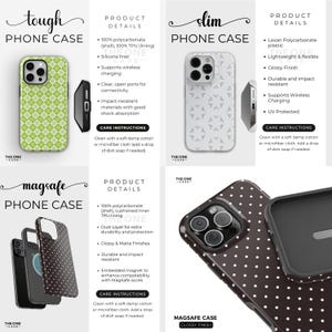 May include: A product display featuring phone cases with various designs. The "tough" case has a green geometric pattern, the "slim" case has a white geometric pattern, and the "magsafe" case has a brown polka dot pattern. Each case is shown with product details.