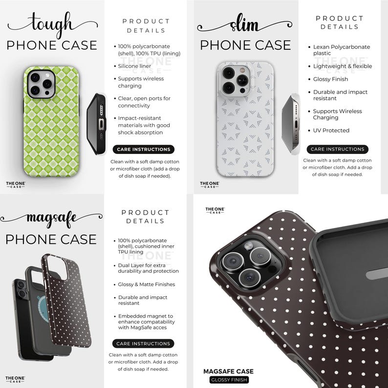 May include: A product display featuring phone cases with various designs. The "tough" case has a green geometric pattern, the "slim" case has a white geometric pattern, and the "magsafe" case has a brown polka dot pattern. Each case is shown with product details.