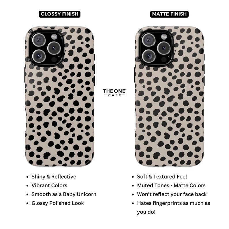 May include: Two phone cases with a dalmatian-like pattern. One has a glossy finish, the other a matte finish. The glossy case is shiny and reflective, with vibrant colors. The matte case has muted tones and a soft, textured feel. The text "THE ONE CASE" is in the center.