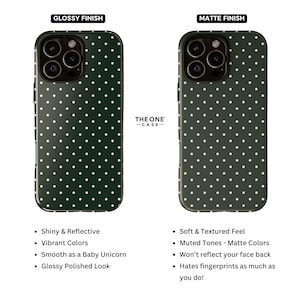 May include: Two phone cases with a white polka dot pattern on a dark green background. The case on the left has a glossy finish and the case on the right has a matte finish. The text "THE ONE -CASE- " is printed on the case.