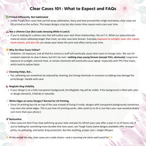 May include: A guide to clear phone cases, explaining how they are printed, why they yellow, and how to care for them. The text includes the phrase "Not a Lifetime Case (But Looks Amazing While It Lasts!)".