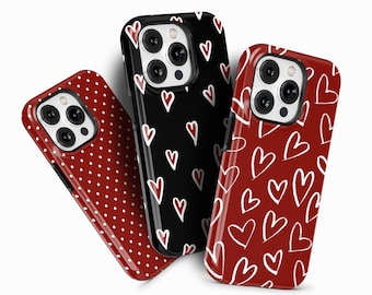 Black  and Red Hearts Phone Case for iPhone 16 15 14 13 Pro Max, Samsung Galaxy S24 S23, Google Pixel 9  9 8 7 – Polka Dots Case | PCM-LH19