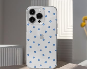 Blue Daisy Clear Phone Case for iPhone 16 15 14 13 Pro Max 12 Mini SE, Samsung Galaxy S24 S23 – Floral Transparent MagSafe Case | CFC-WF03
