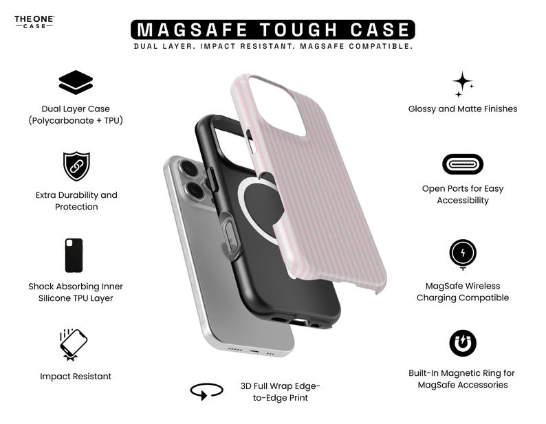 Pu&ograve; includere: Una custodia per telefono con il testo "MAGSAFE TOUGH CASE" &egrave; mostrata. La custodia &egrave; composta da pi&ugrave; strati, tra cui un design a doppio strato e uno strato interno ad assorbimento degli urti. Caratteristiche includono resistenza agli urti, finiture lucide e opache.